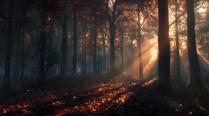 A hauntingly beautiful scene of a dark forest at sunset, where the last rays of sunlight pierce...