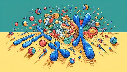 This illustration features chromosomes in the midst of cell division, with abstract forms and colors symbolizing chemical agents that interact and influence the process.  - obrazy, fototapety, plakaty