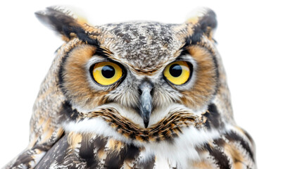 A close-up view of an owl with piercing yellow eyes, showcasing its intense gaze and intricate feather details