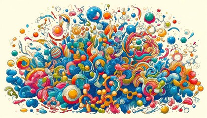 The illustration features vibrant, dynamic forms of organic molecules participating in a series of chemical reactions. - obrazy, fototapety, plakaty