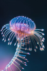 Detailed view of a jellyfish floating gracefully against a stark black backdrop