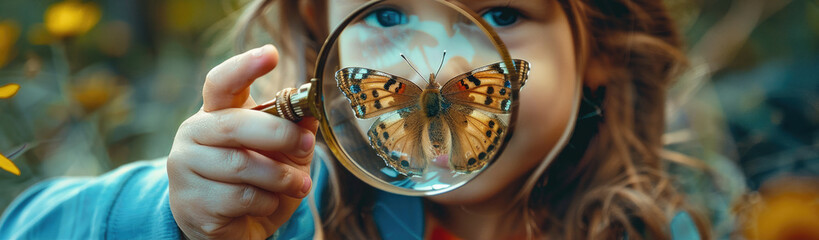 the child looks into the magnifying glass at the butterfly