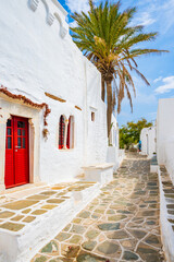 Facade of church in narrow alley of traditional Kastro village with palm tree in background, Sifnos island, Greece - 792072573