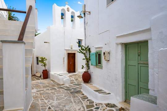 Beautiful church in narrow alley of traditional Kastro village, Sifnos island, Greece