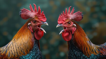 Two Phasianidae roosters with open beaks yelling ai each other