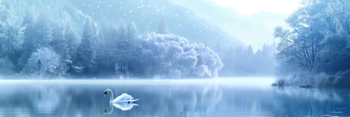 A white swan gracefully floats on the calm surface of a lake, with a lush forest providing a...