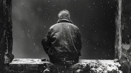 Back view of a man sitting, black and white - obrazy, fototapety, plakaty