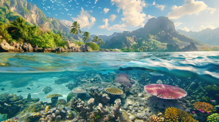 Fototapeta na wymiar An underwater view of a vibrant coral reef with various marine life, set against a distant mountain in the background