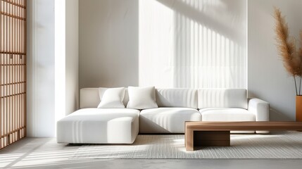 A sunlit spacious living room featuring a plush white corner sofa with cushions and a wooden low table, characterized by a cozy and clean minimalistic design