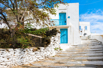 View of narrow street with white houses in Apollonia village, Sifnos island, Greece - 792073309