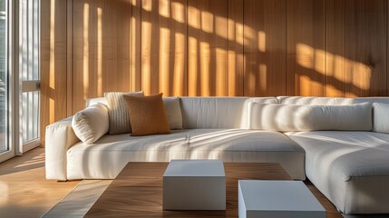 Cozy and stylish living room interior with a comfortable white sectional sofa, warm sunlight casting shadows through blinds, and wooden elements