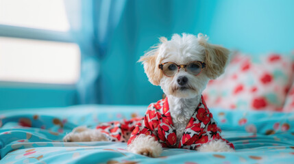 A small white dog wearing glasses resting on a bed - Powered by Adobe