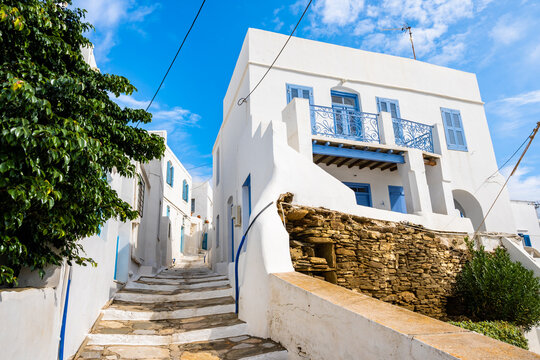 View of narrow street with white houses in Apollonia village, Sifnos island, Greece