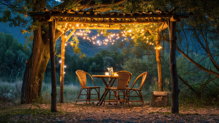 A wooden table and chairs are arranged neatly under a gazebo adorned with string lights, creating a cozy and inviting outdoor dining area - Powered by Adobe