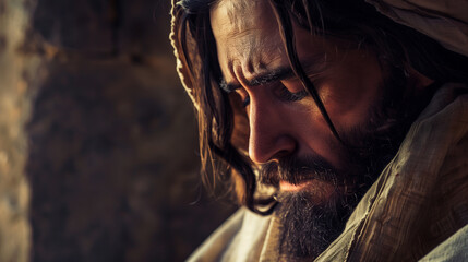 An emotional portrayal of Jesus praying fervently in a dimly lit room, his face etched with intensity and devotion, conveying the depth of his spiritual struggle and reliance on di - obrazy, fototapety, plakaty