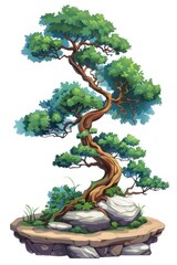 A captivating digital illustration showcasing a whimsical tree with a twisted trunk and luscious green canopy, set atop a floating landmass with rocks and foliage
