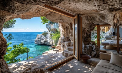 A living room of a villa shaped like blocks of limestone rock along the cliff facing the sea, with waterfalls from the roof - obrazy, fototapety, plakaty
