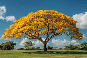 Capture a captivating shot of a yellow Ipê tree in full bloom, where radiant yellow blossoms stand out against vivid green leaves and a clear blue sky