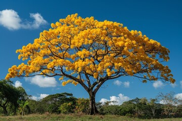 Fototapeta na wymiar Capture a captivating shot of a yellow Ipê tree in full bloom, where radiant yellow blossoms stand out against vivid green leaves and a clear blue sky