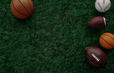 Top view of various sports equipment on a green grass background, including a football, basketball, and baseball - Powered by Adobe