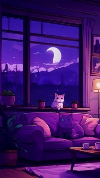  Cozy living room at night, with purple sofa and cat. Chill vibe animated virtual backgrounds, wallpapers. vtuber streamer asset twitch zoom OBS screen. Anime lo fi hip hop Music Video Background