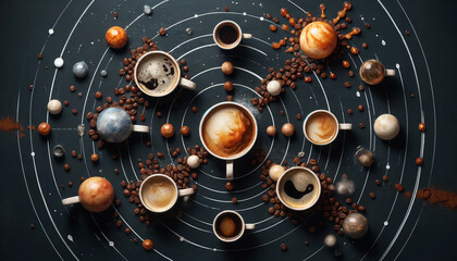 Cups and with black coffee and coffee beens- the solar system