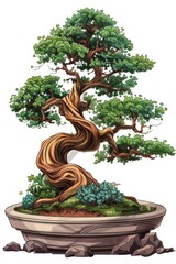 A digital illustration of a bonsai tree with an intricately twisted trunk, verdant green leaves, and detailed textures on a white background