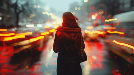 a woman is standing in the middle of a busy city street at night - obrazy, fototapety, plakaty