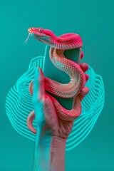 A hand holding a cellphone with a pink snake coming out from a mobile phone screen, blending reality with digital art. Danger of excessive usage. Addiction lead to anxiety and depression.
