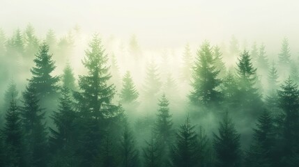 A serene scene of a misty, sunlit forest with light cascading through the dense arrangement of pine trees, creating a tranquil and mysterious atmosphere
