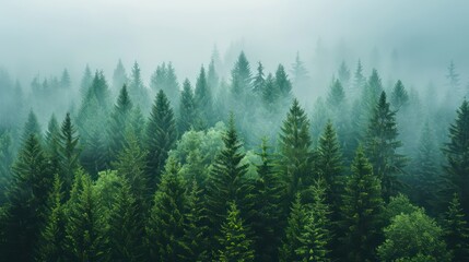 Ethereal view of a dense forest with towering evergreen trees shrouded in mist, creating a serene and mysterious atmosphere