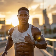 Muscular man sprints on city bridge at dawn with skyline in background, intense workout