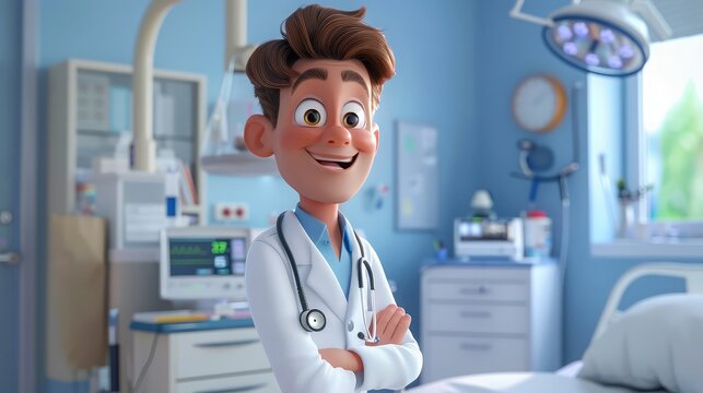 Young cute smiling doctor with stethoscope inside room at hospital. medical specialist Medicine concept. 3d character illustration