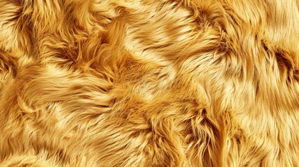 A top view of the golden fur texture of a smooth, luxurious surface with shiny reflections as the light falls on it. Texture of golden fur threads with a soft surface.