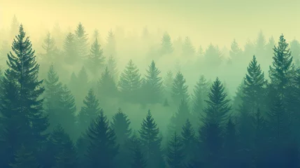 Fotobehang A serene view of coniferous trees shrouded in mist, invoking a sense of mystery and tranquility within a natural setting © Matthew