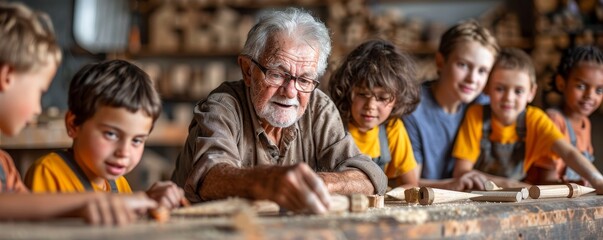 A senior man is instructing a group of children in woodworking in a workshop setting, emphasizing hands-on work with wood, creating an educational and engaging atmosphere