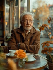 A relaxed morning at a quaint street cafe with a senior man savoring his coffee in the gentle morning light