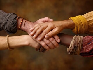 A group of people are holding hands in a circle. The people are of different races and ethnicities. Concept of unity and togetherness among people of different backgrounds