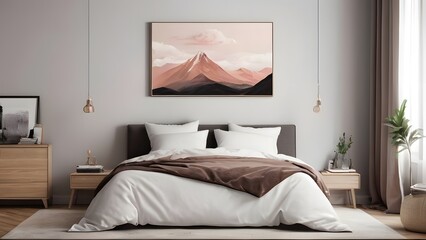 Interior design, wall art mockup, off-white and brown theme, bedroom mockup