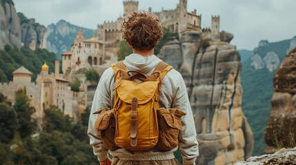 A white man explores an ancient castle, dressed casually like a tourist, surrounded by historic architecture in a thrilling travel adventure