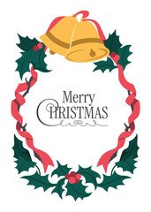 Merry Christmas greeting card. Golden bells with red ribbon, holly leaves and berries on a white background. Winter holiday banner, frame, border with lettering. Vector illustration in cartoon style.