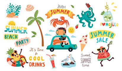 Summer cartoon collection with cute characters and handwritten.Octopus, watermelon, pineapple, dog on a car, seagulls, crab, ice cream, mojito,seashells.Summer seasonal element set on white background