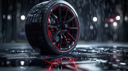 Product Photography, Wet Performance Tire with Red Accents, Dynamic Automotive Detail,