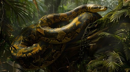 A massive anaconda coiled around a tree trunk, its patterned scales blending seamlessly with the dense jungle backdrop.