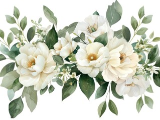This image showcases a beautiful and intricate floral arrangement with lush white flowers and rich green foliage on a plain background The composition is tranquil and serene