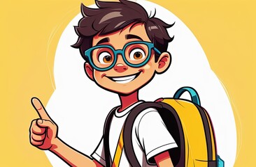 a boy with glasses and a backpack raised his index finger up - obrazy, fototapety, plakaty