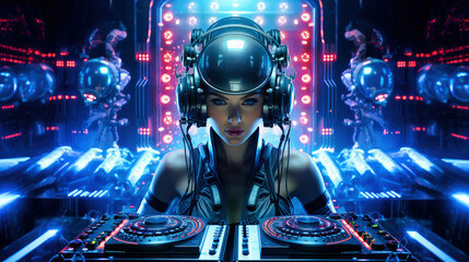 A hyper-technological DJ cover symbolizes the heart of TECHNO music, illustrating the art of mixing and the energy of music scenes designed for the creation of music playlists. Ai generated