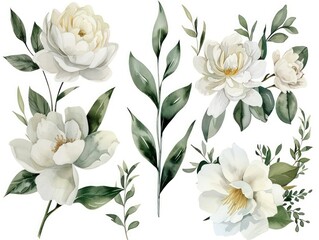 Four detailed botanical illustrations of peonies with foliage in a vintage style, perfect for elegant and timeless designs