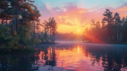 A mesmerizing depiction of a tranquil forest at dusk, where the vibrant colors of the sunset...