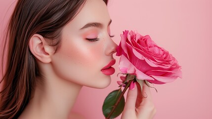 People, Close-Up of Woman with Pink Flower, Romantic Feminine Beauty,